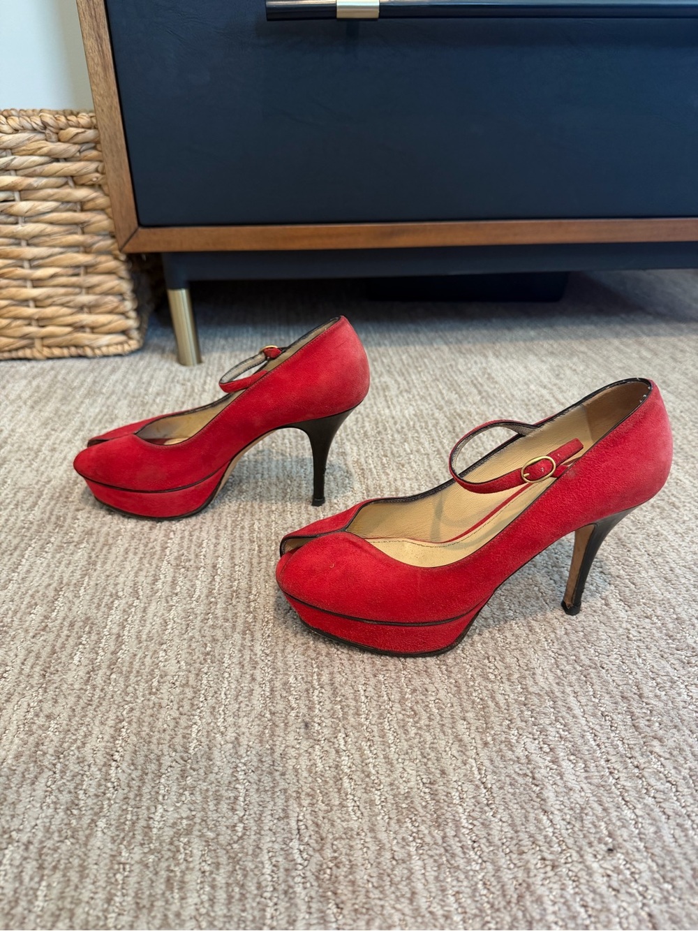 Saint Laurent Red Suede Mary Jane Peep-Toe Heels with Gold Buckle 37.5 - Picture 2 of 8
